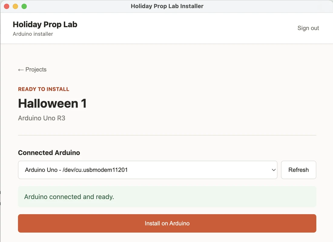 Holiday Prop Lab desktop application ready to install a project on an Arduino