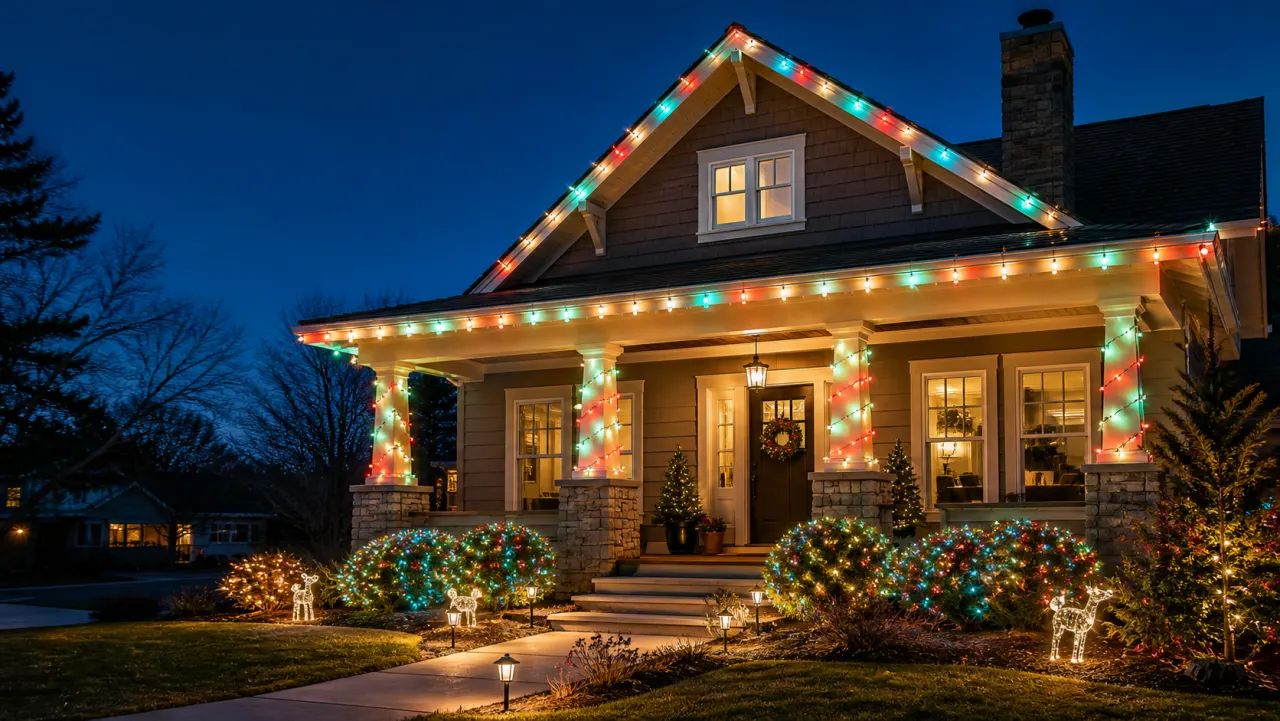 A home porch illuminated by colorful programmable holiday lights